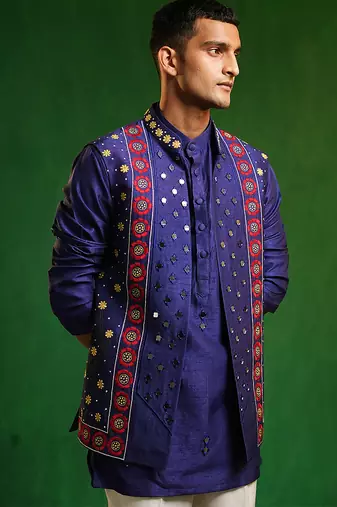 Deep royal blue embroidered slub silk kurta jacket set