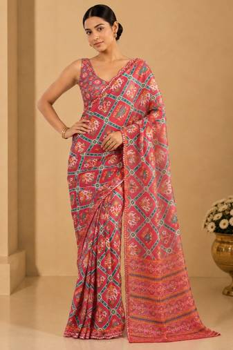 coral printed silk blend mirror lace saree