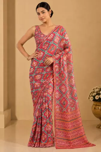 coral printed silk blend mirror lace saree