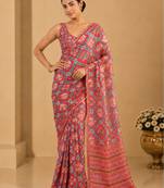 printed chinon silk blend mirror lace saree