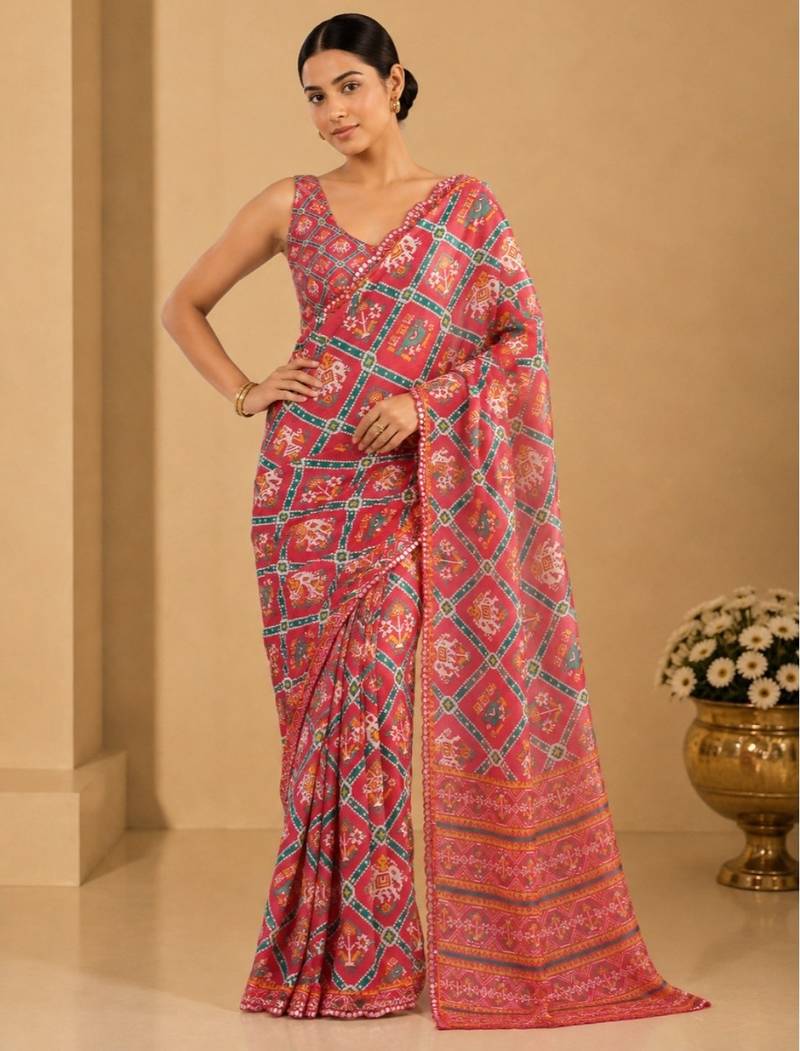 printed chinon silk blend mirror lace saree