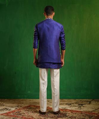 Deep royal blue embroidered slub silk kurta jacket set 4