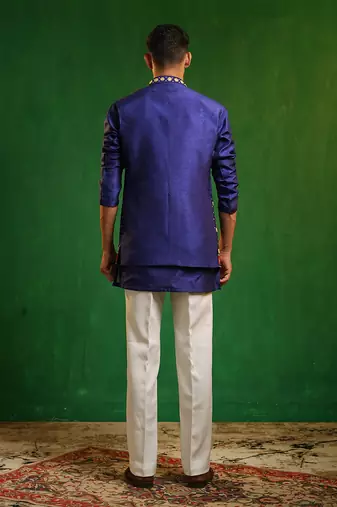 Deep royal blue embroidered slub silk kurta jacket set