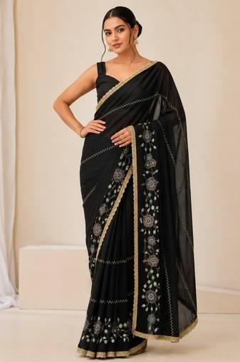 Heavy star georgette beads & lace work saree