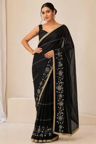 Heavy star georgette beads & lace work saree