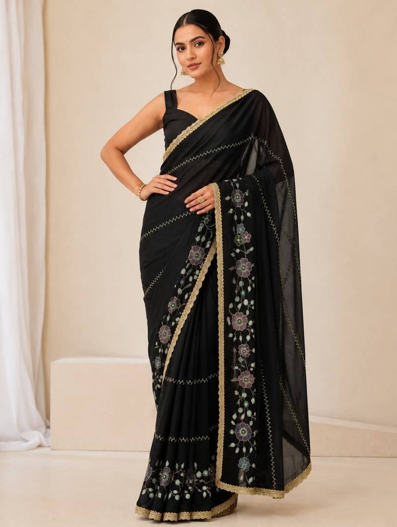 Heavy star georgette beads & lace work saree