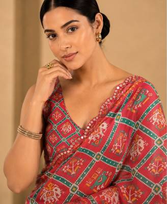 printed chinon silk blend mirror lace saree 2