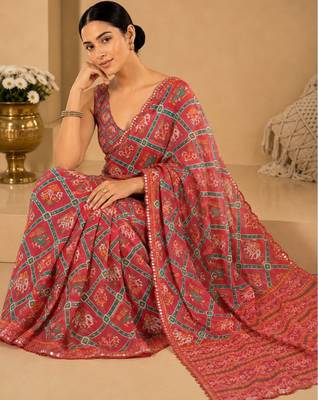 printed chinon silk blend mirror lace saree 3