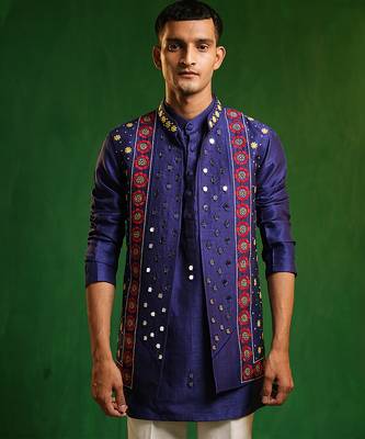 Deep royal blue embroidered slub silk kurta jacket set 5