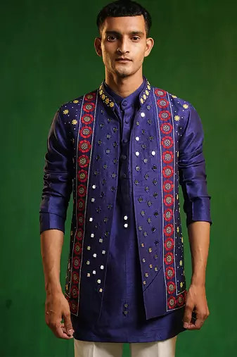Deep royal blue embroidered slub silk kurta jacket set