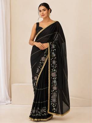 Heavy star georgette beads & lace work saree 2