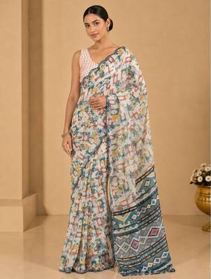 printed chinon silk blend mirror lace saree 1
