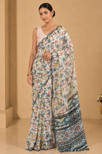 multicolor printed silk blend mirror lace saree