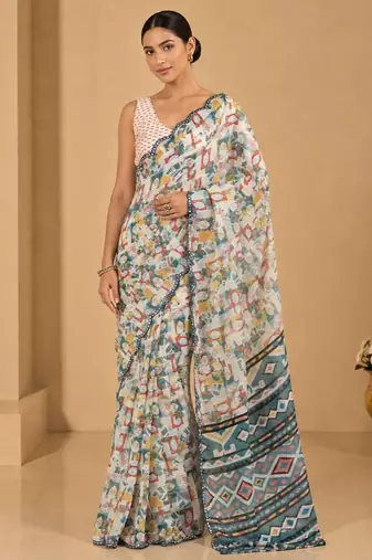 multicolor printed silk blend mirror lace saree