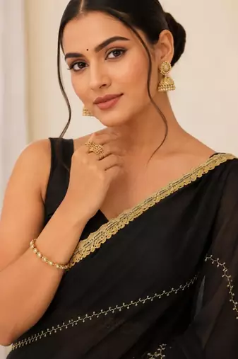 Heavy star georgette beads & lace work saree