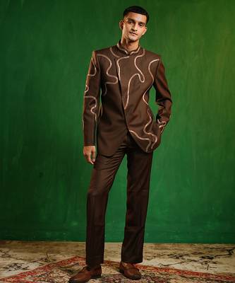 Deep chocolate brown embroidered cotton linen jodhpuri jacket set 1