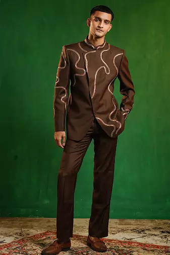 Deep chocolate brown embroidered cotton linen jodhpuri jacket set
