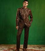 Deep chocolate brown embroidered cotton linen jodhpuri jacket set