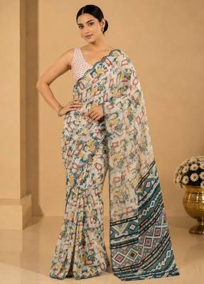 printed chinon silk blend mirror lace saree 2