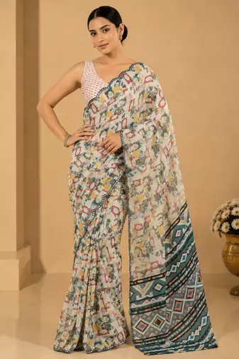 multicolor printed silk blend mirror lace saree