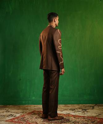 Deep chocolate brown embroidered cotton linen jodhpuri jacket set 2
