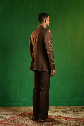 Deep chocolate brown embroidered cotton linen jodhpuri jacket set