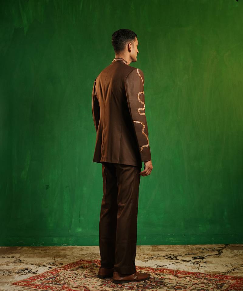 Deep chocolate brown embroidered cotton linen jodhpuri jacket set