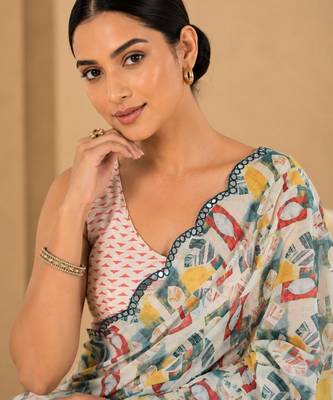 printed chinon silk blend mirror lace saree 3