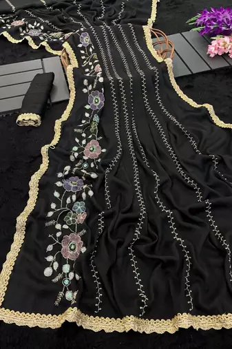 Heavy star georgette beads & lace work saree