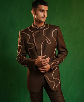 Deep chocolate brown embroidered cotton linen jodhpuri jacket set 3