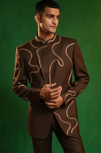 Deep chocolate brown embroidered cotton linen jodhpuri jacket set