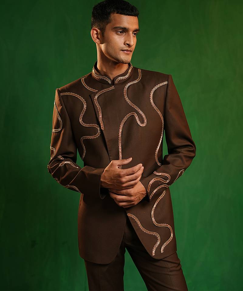 Deep chocolate brown embroidered cotton linen jodhpuri jacket set