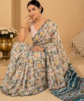printed chinon silk blend mirror lace saree 4