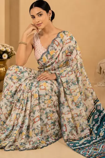 multicolor printed silk blend mirror lace saree