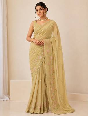 Heavy star georgette beads & lace work saree 1