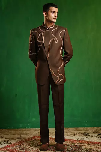 Deep chocolate brown embroidered cotton linen jodhpuri jacket set