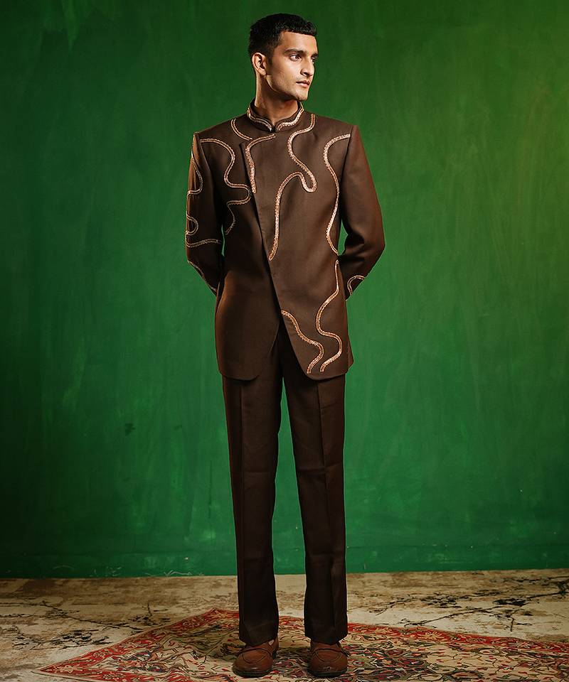 Deep chocolate brown embroidered cotton linen jodhpuri jacket set