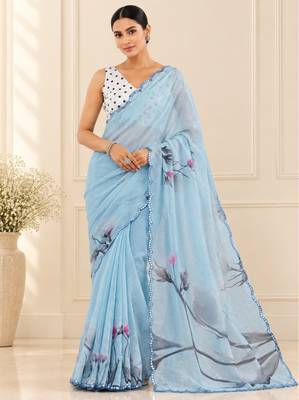 printed chinon silk blend mirror lace saree 1