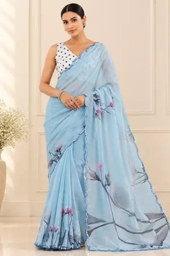 sky blue printed silk blend mirror lace saree
