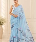 printed chinon silk blend mirror lace saree