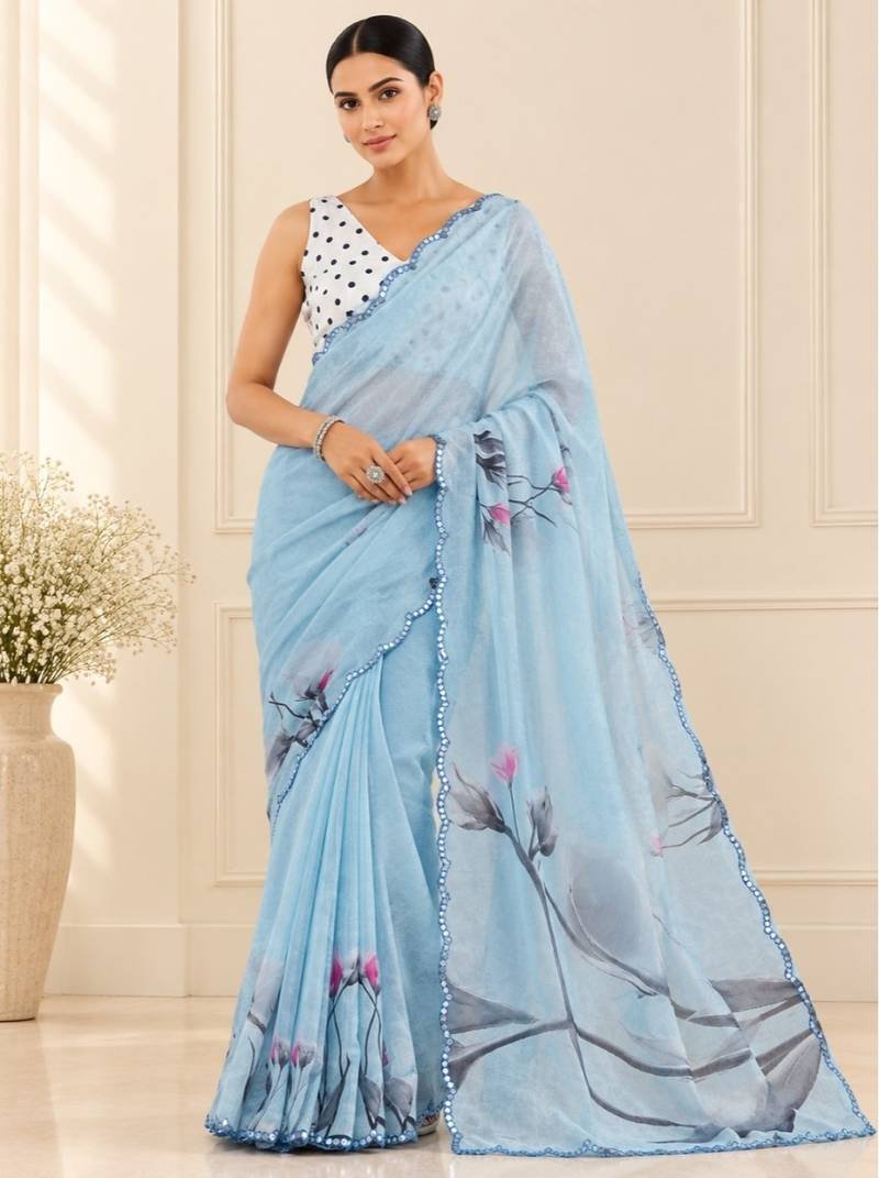 printed chinon silk blend mirror lace saree