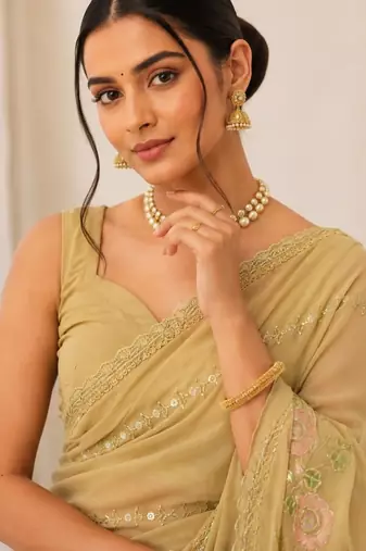 Heavy star georgette beads & lace work saree