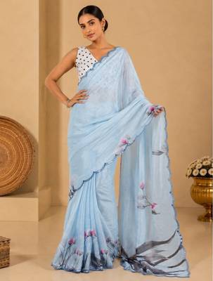 printed chinon silk blend mirror lace saree 2