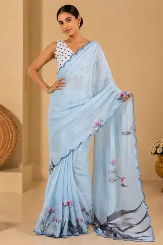 sky blue printed silk blend mirror lace saree