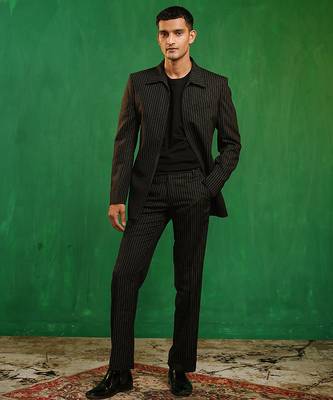 Black woven cotton linen jacket set 1