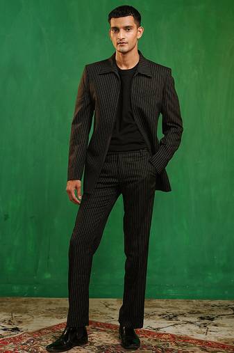 Black woven cotton linen jacket set