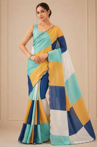 premium heavy chinon silk blend mirror work saree