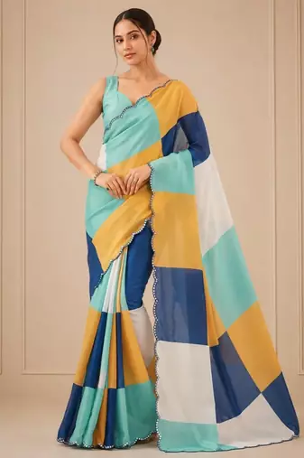 premium heavy chinon silk blend mirror work saree