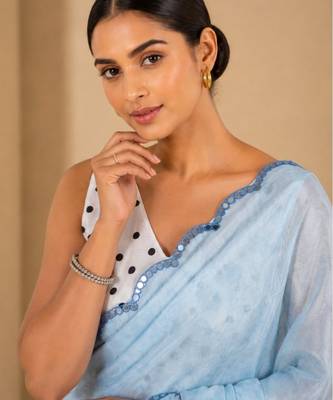 printed chinon silk blend mirror lace saree 3