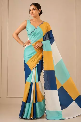 premium heavy chinon silk blend mirror work saree